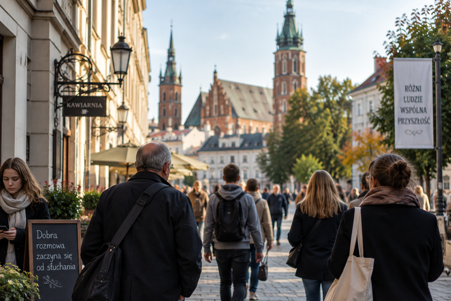 Ludzie spoglądający na panoramę miasta, symbol wspólnoty i społecznej obserwacji